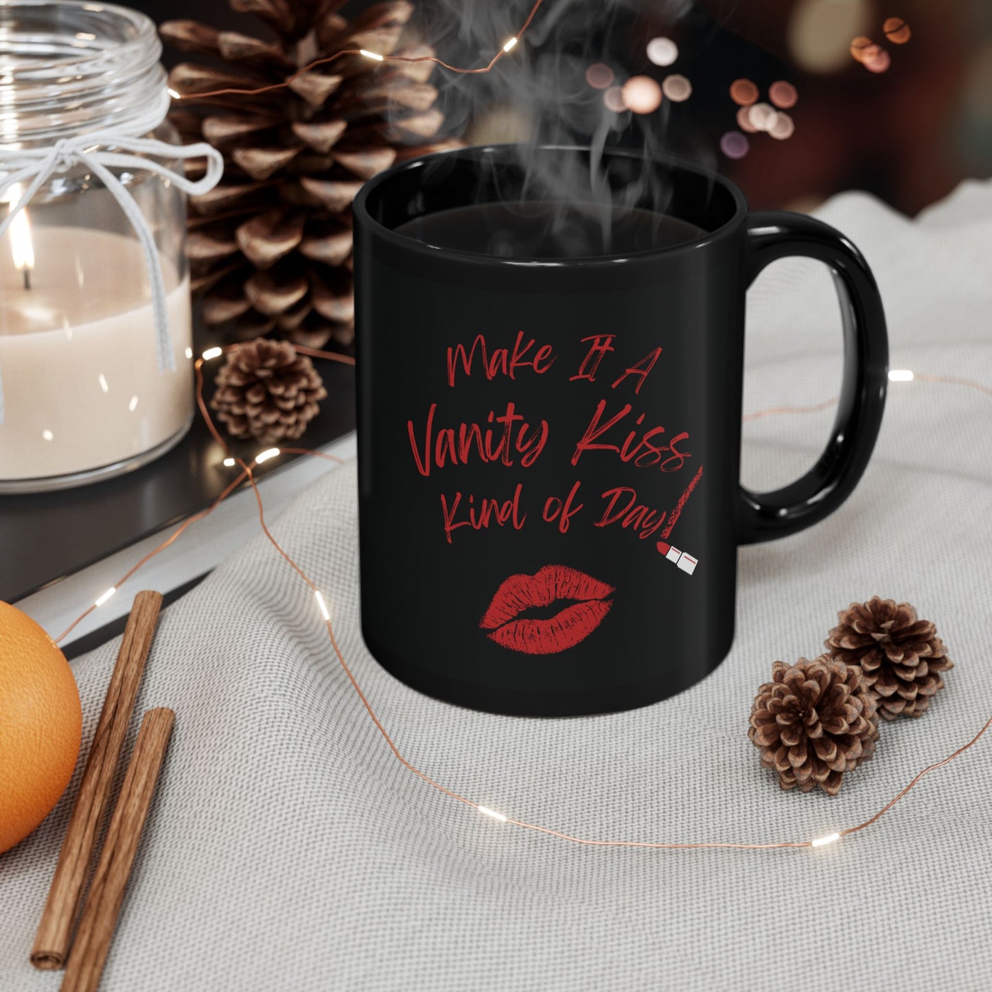Vanity Kiss Black Ceramic Mug, Self-Love Gift, Fun Coffee Cup, Cute Kisses Design, Confidence Mug