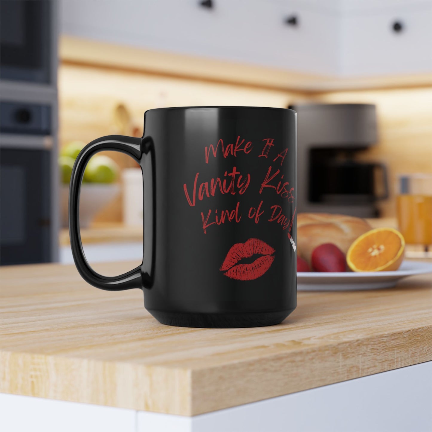 Vanity Kiss Black Ceramic Mug, Self-Love Gift, Fun Coffee Cup, Cute Kisses Design, Confidence Mug