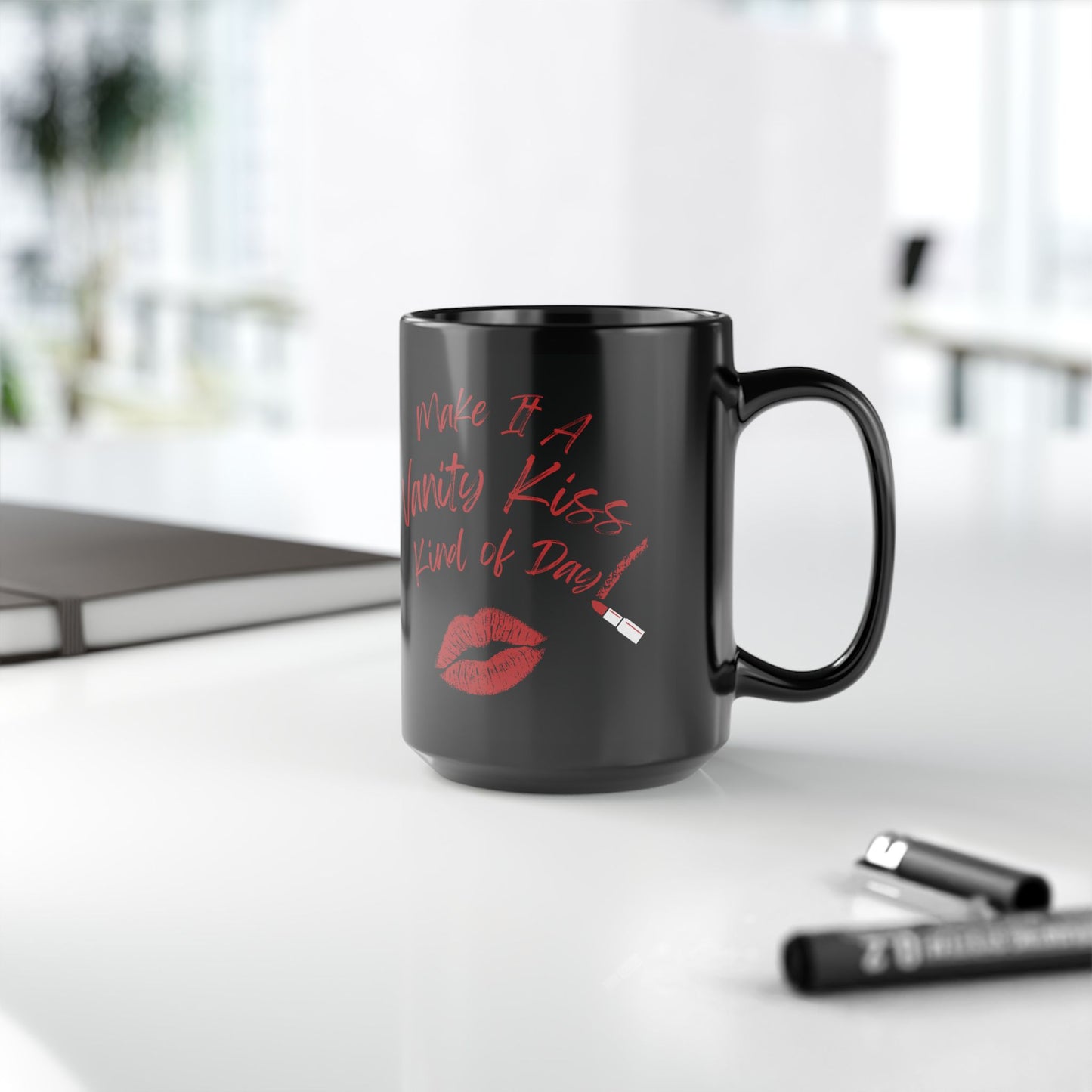 Vanity Kiss Black Ceramic Mug, Self-Love Gift, Fun Coffee Cup, Cute Kisses Design, Confidence Mug