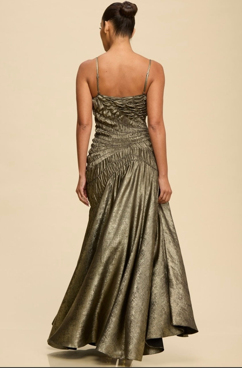 Midnight Allure Metallic Ruched High-Low Gown