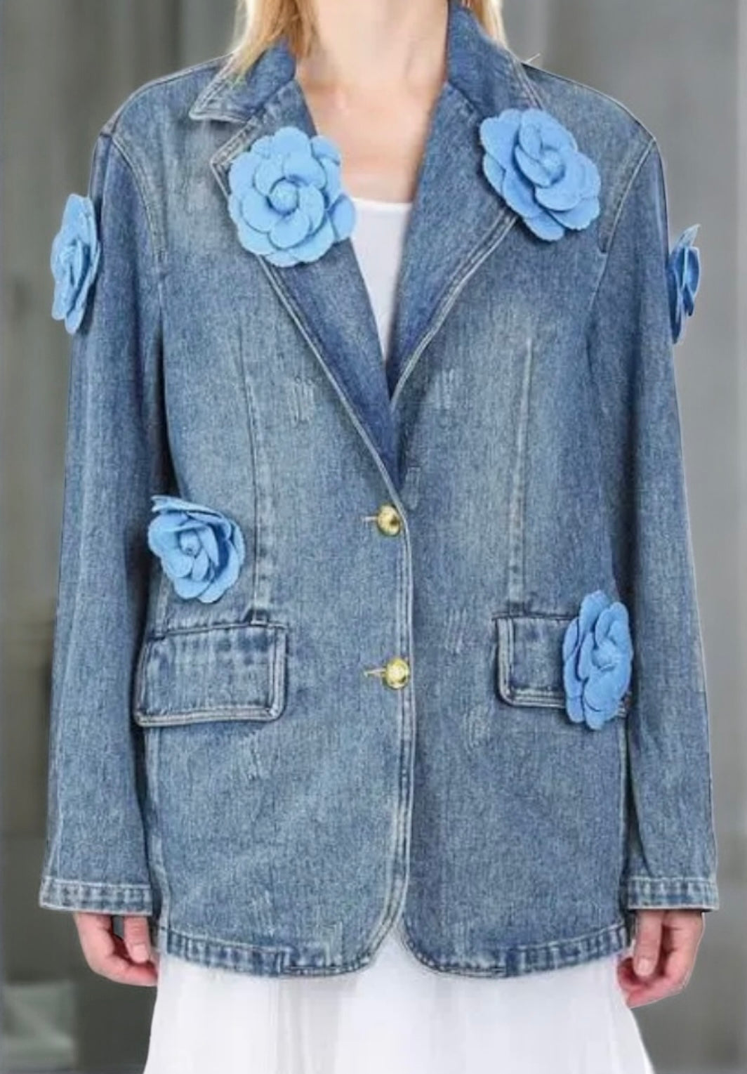 Blue Floral Corsage Single Breasted Denim Jacket
