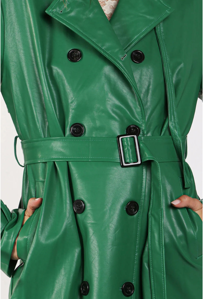 Green Vegan Leather Double Breasted Maxi Trench Coat