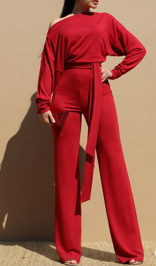 Red/Burgundy Off Shoulder Knit Jumpsuit