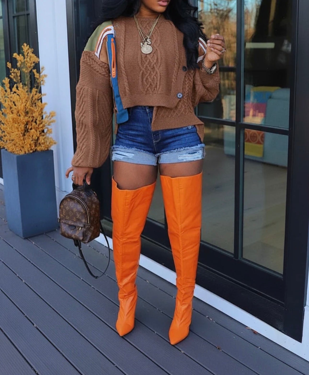 Brown Zipper Patch Knit Sweater