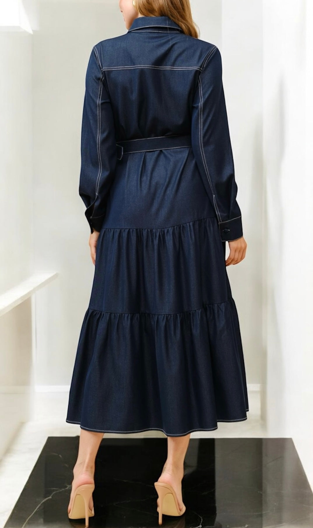 Dark Denim-Like Midi Dress with Belt