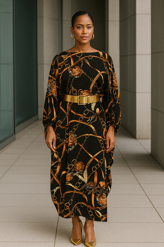 Black & Gold Printed Poncho Maxi Dress