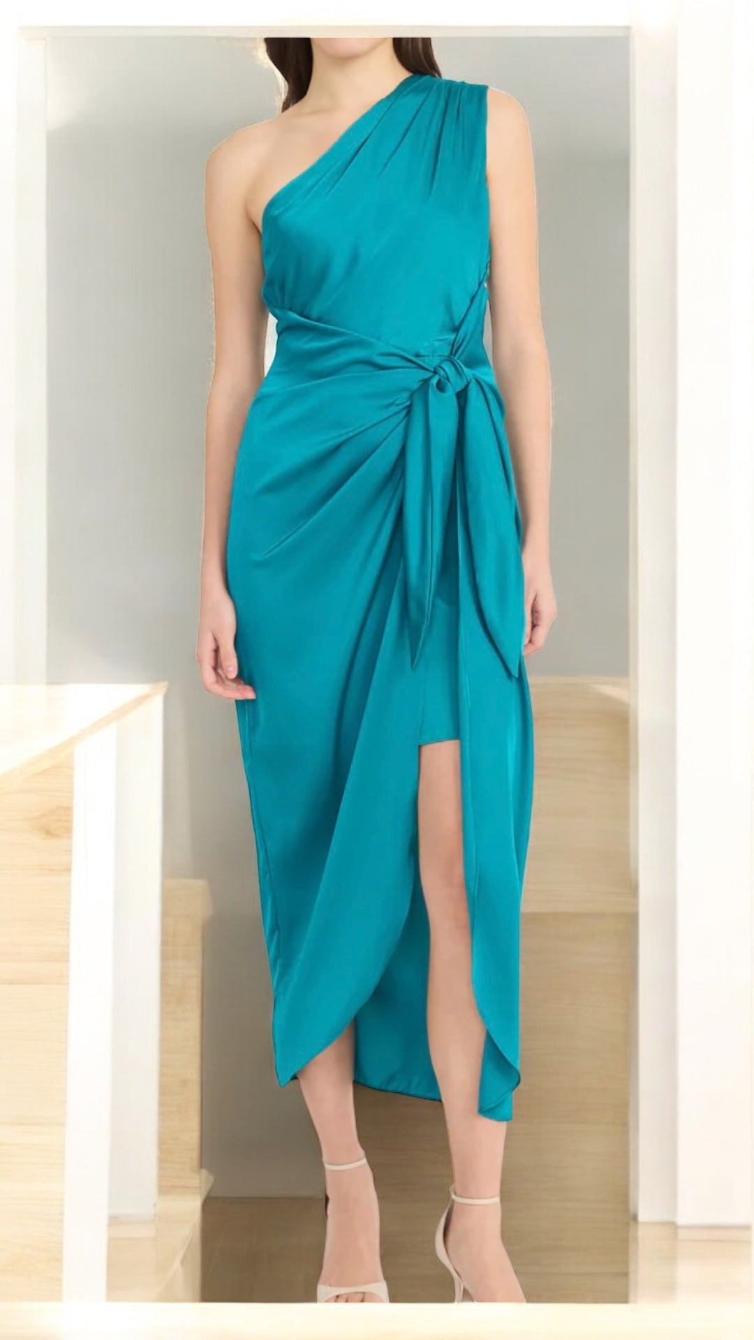 Satin Teal One-Shoulder Dress
