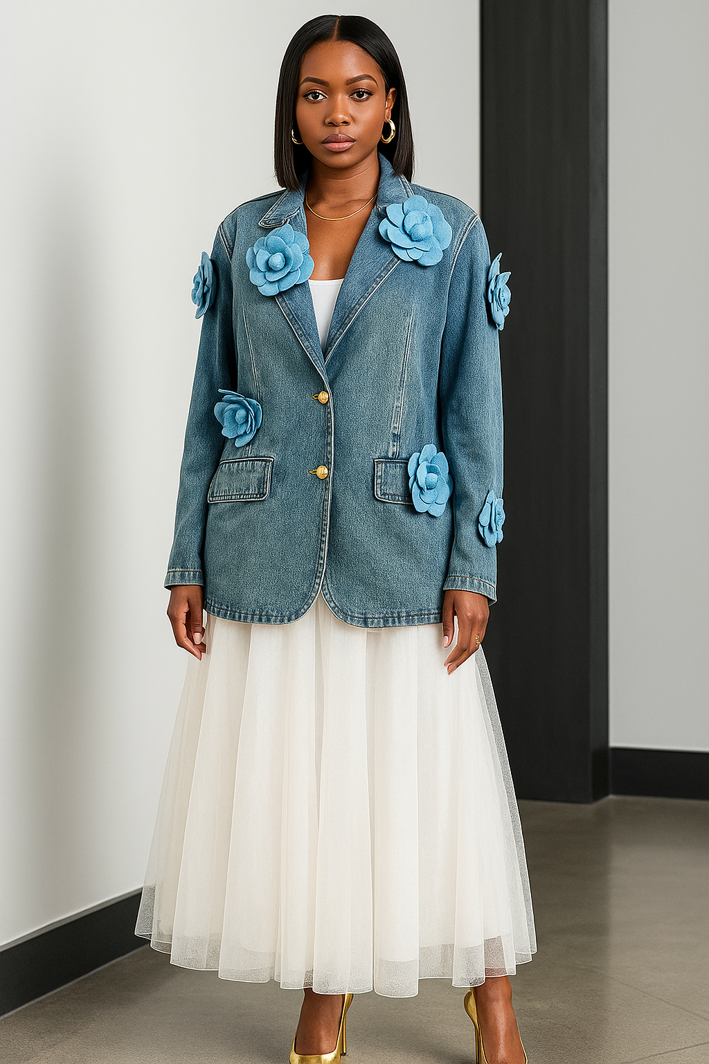 Blue Floral Corsage Single Breasted Denim Jacket