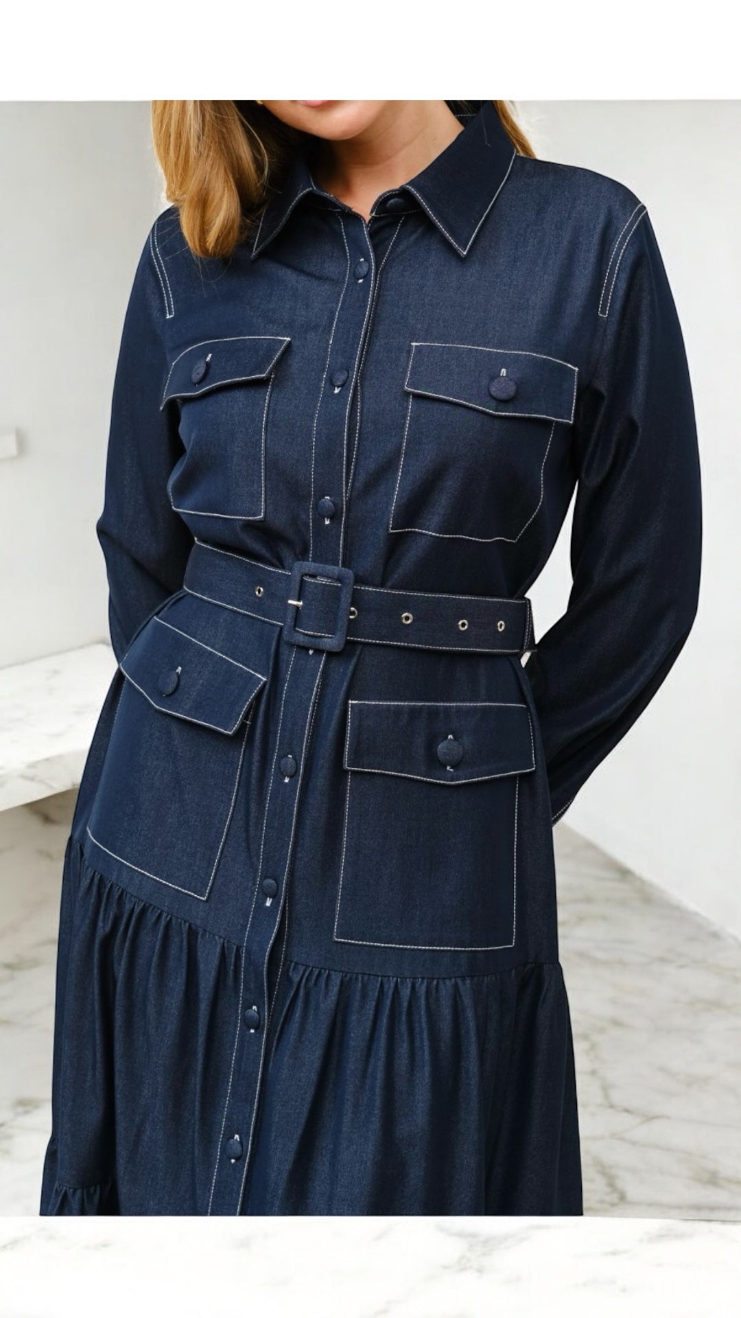 Dark Denim-Like Midi Dress with Belt