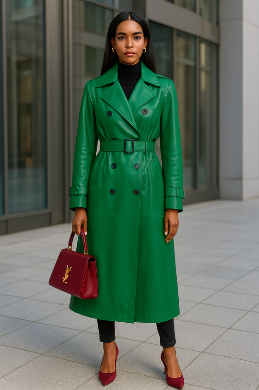 Green Vegan Leather Double Breasted Maxi Trench Coat