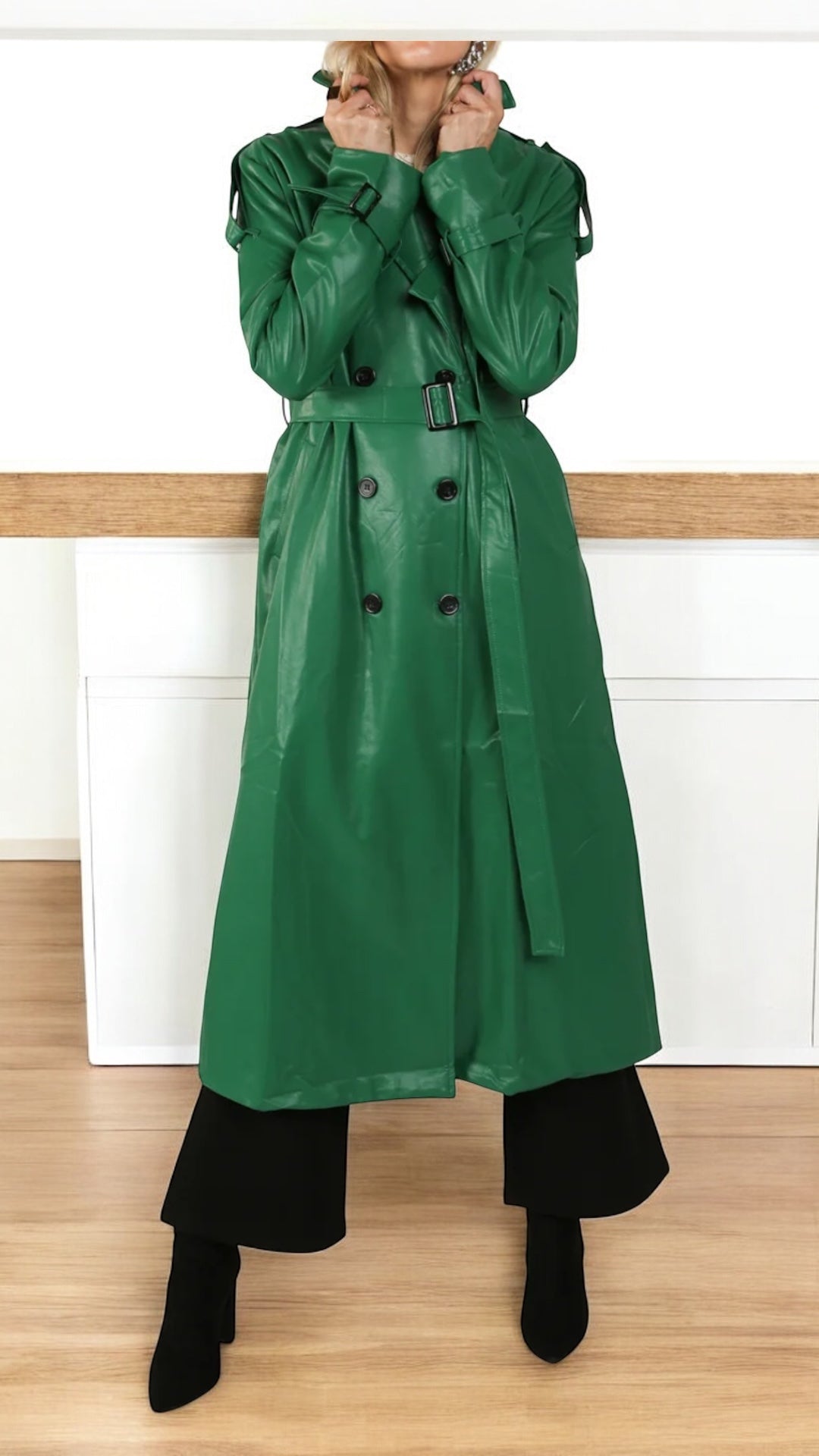Green Vegan Leather Double Breasted Maxi Trench Coat