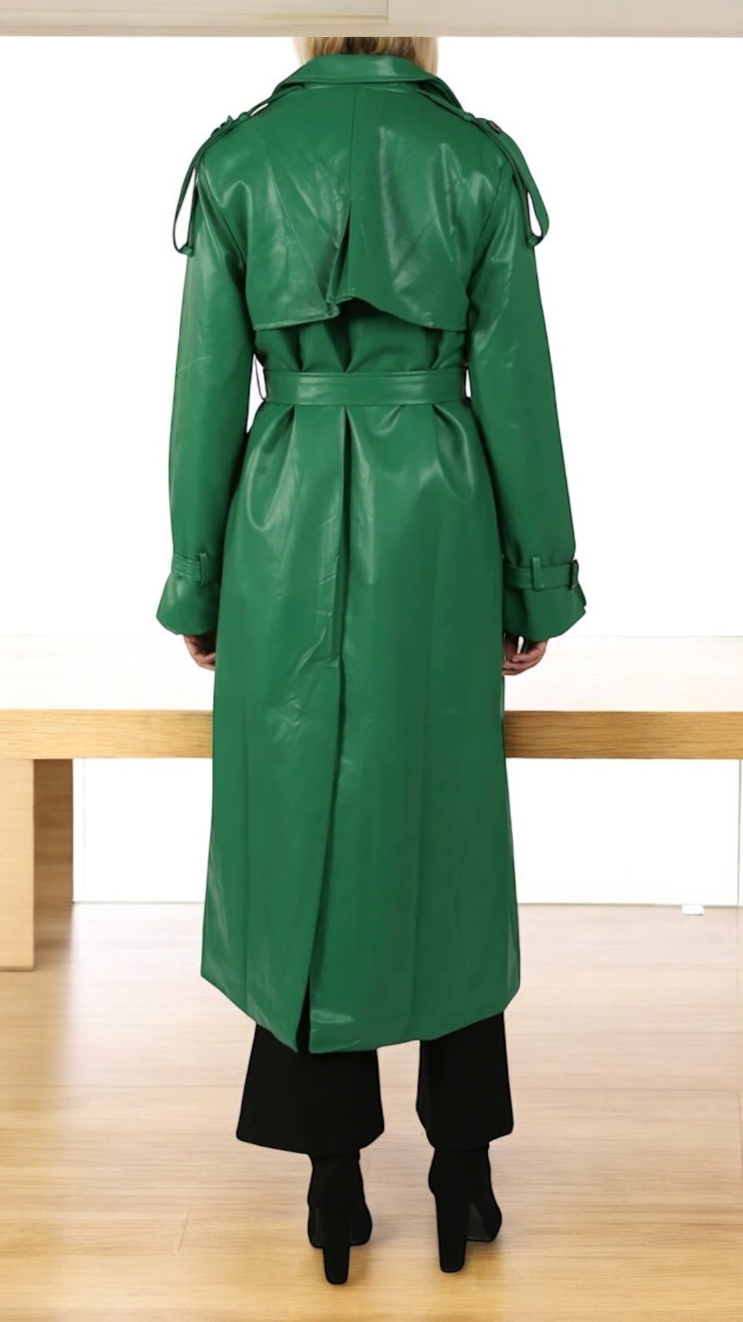 Green Vegan Leather Double Breasted Maxi Trench Coat