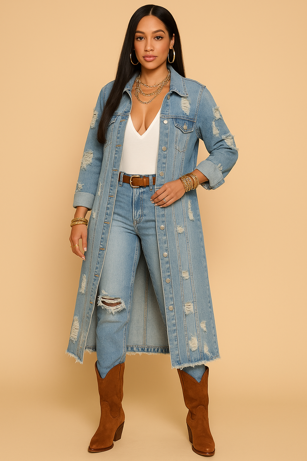 Distressed Denim Long Jacket
