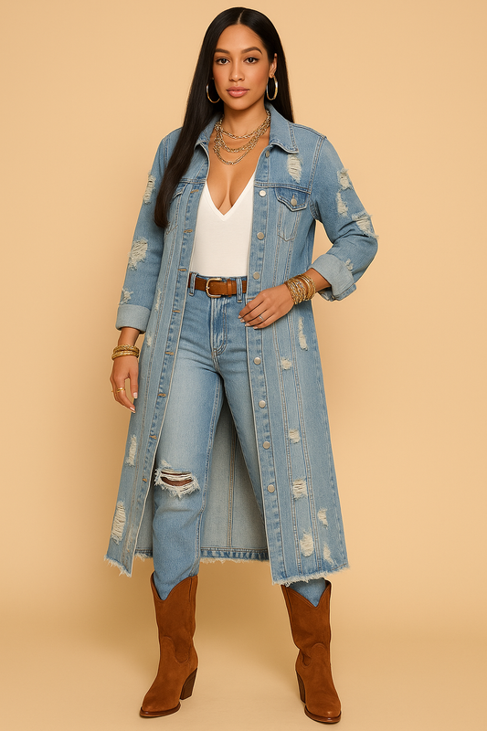 Distressed Denim Long Jacket