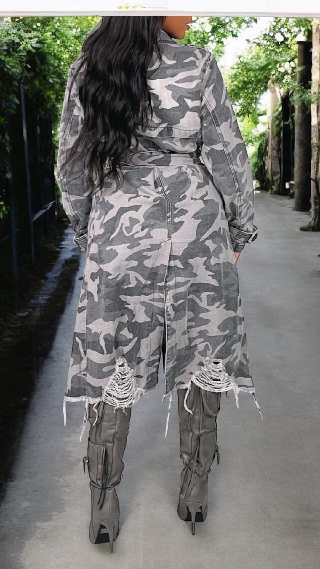 Gray Distressed Camo Trench Coat