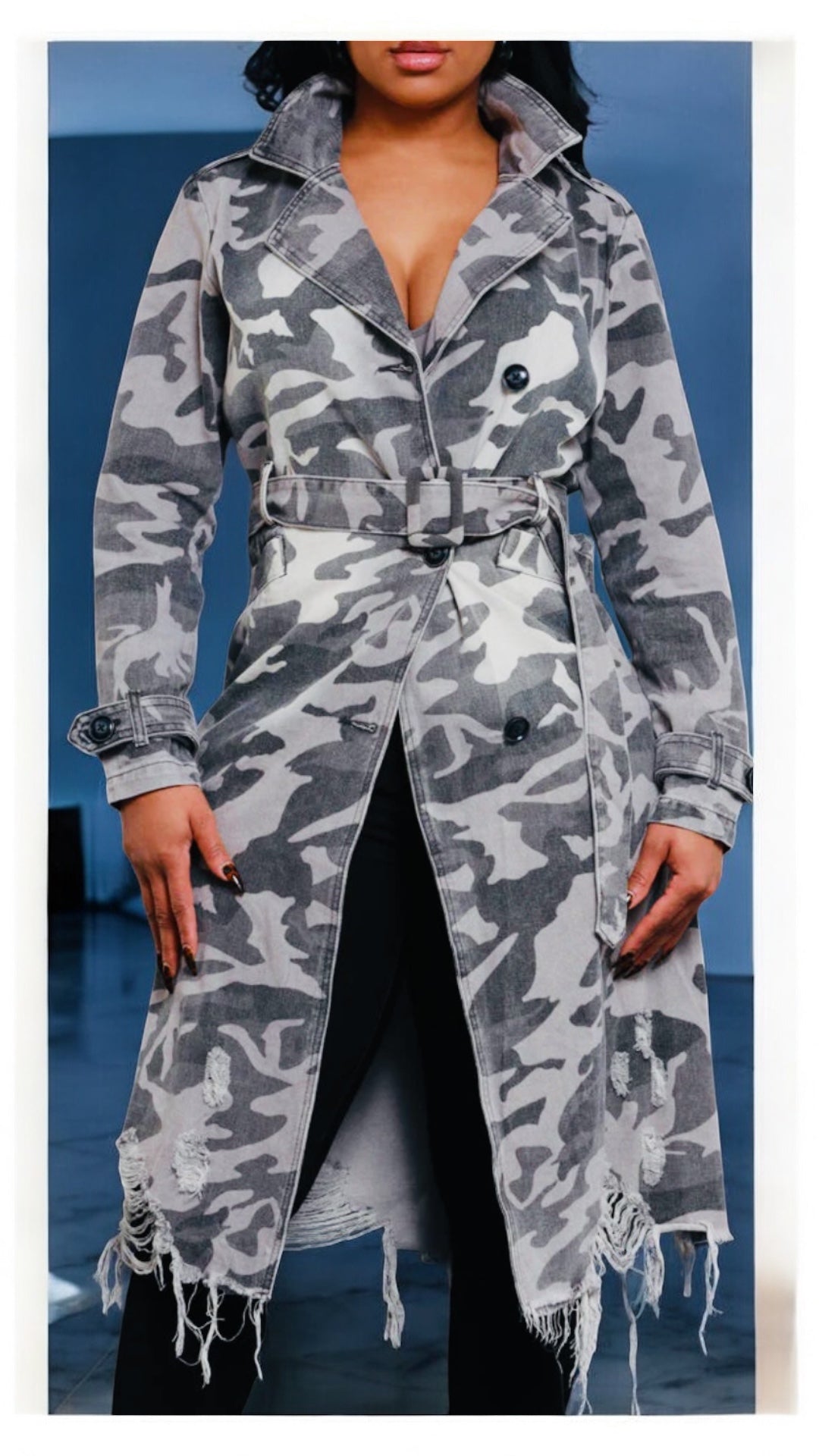 Gray Distressed Camo Trench Coat