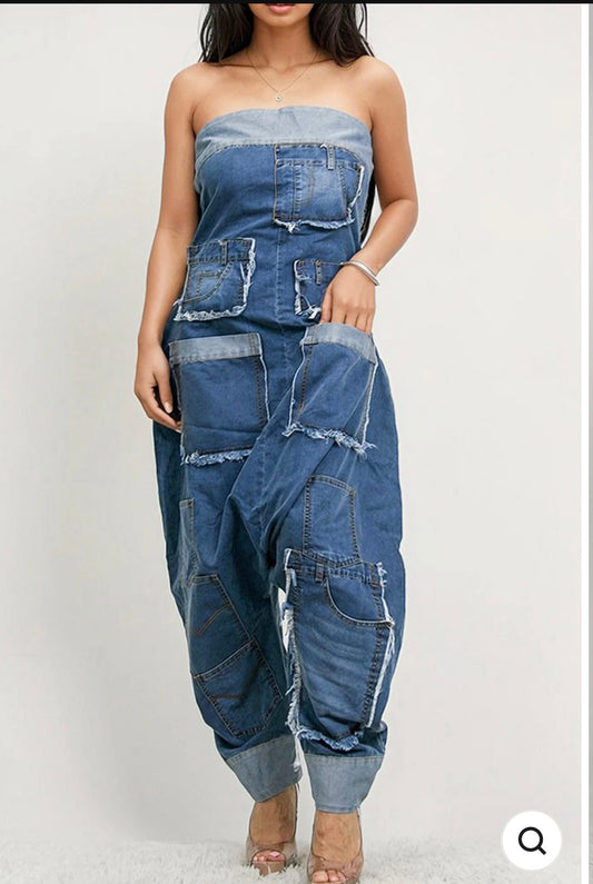 DENIM PATCHWORK BANDEAU JUMPSUIT-Sold Out!