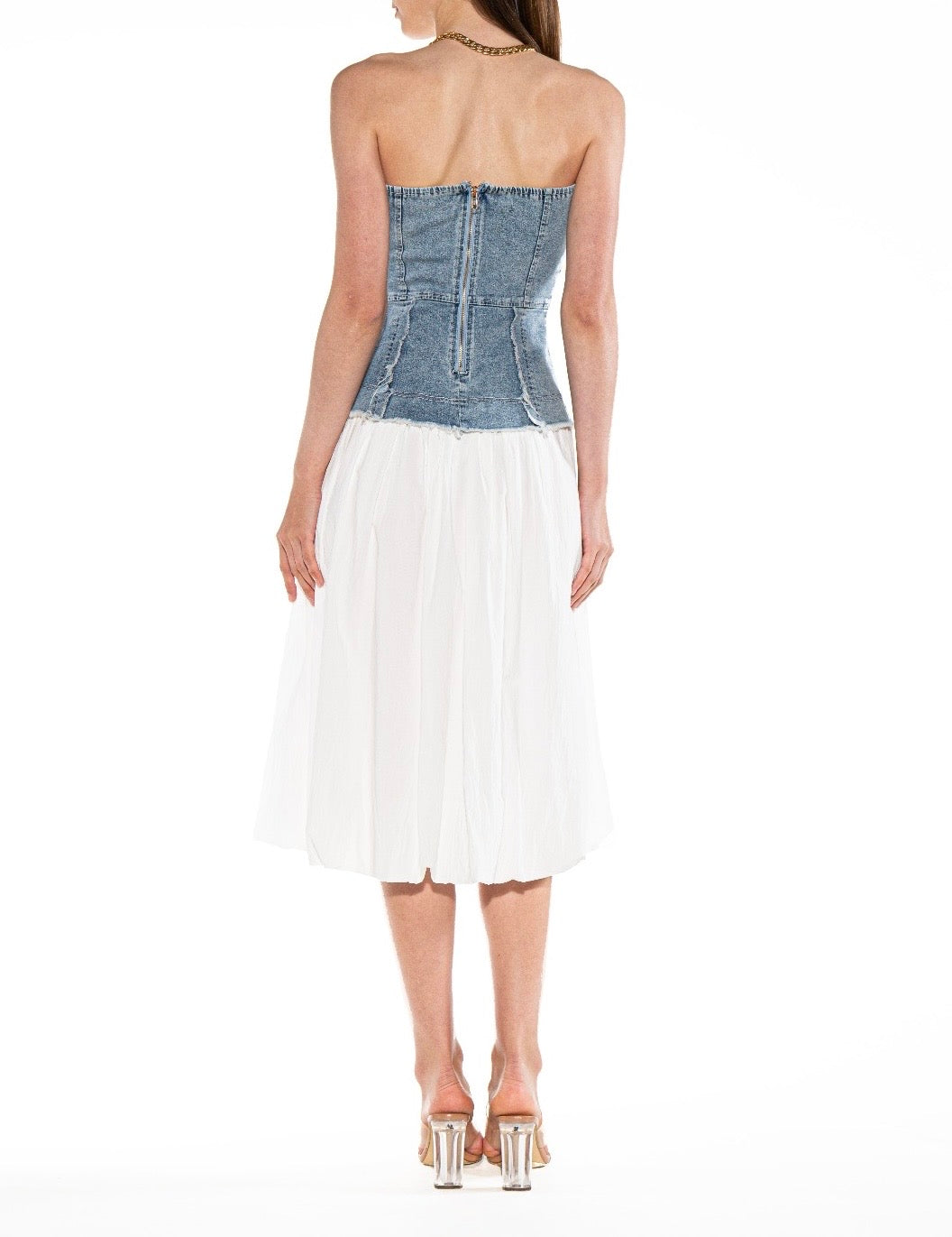 DENIM CORSET SOLID SKIRT MIDI DRESS