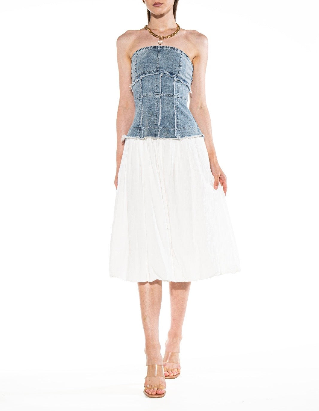 DENIM CORSET SOLID SKIRT MIDI DRESS
