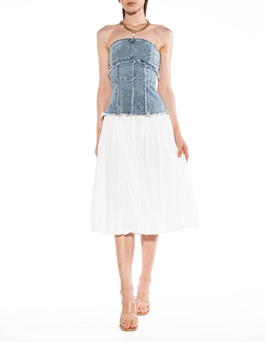 DENIM CORSET SOLID SKIRT MIDI DRESS
