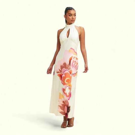 Cream Halter Flower Dress
