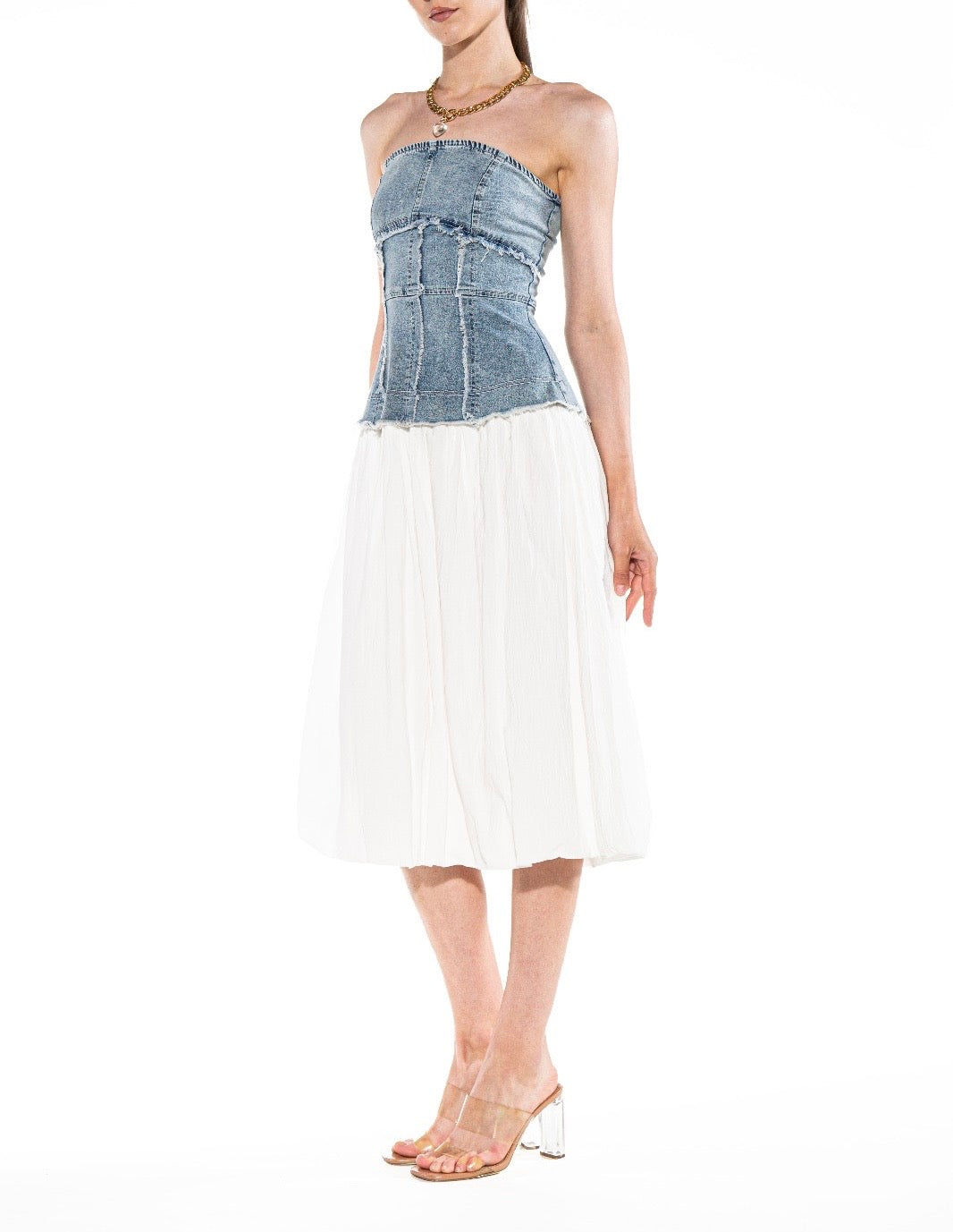 DENIM CORSET SOLID SKIRT MIDI DRESS