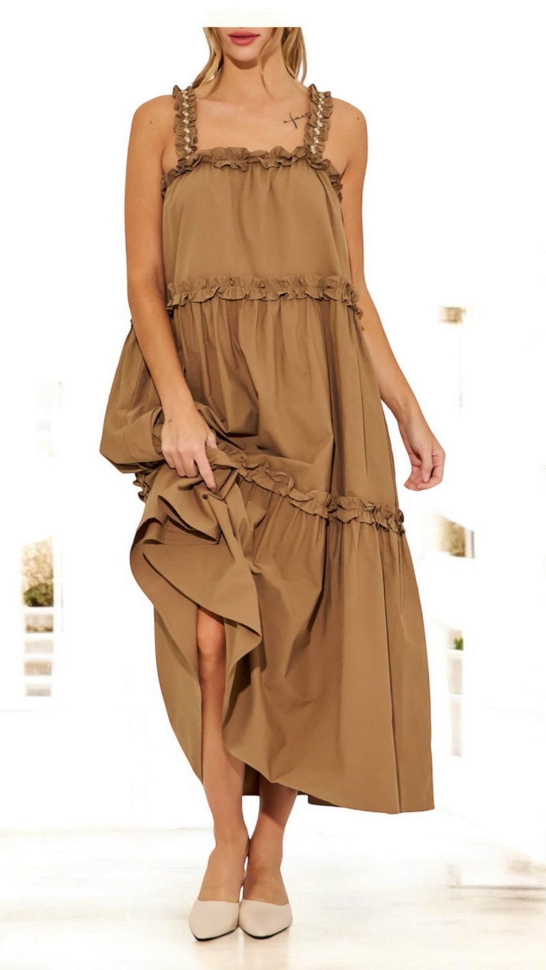 Ruffle Maxi Sundress With Rhinestones Detail