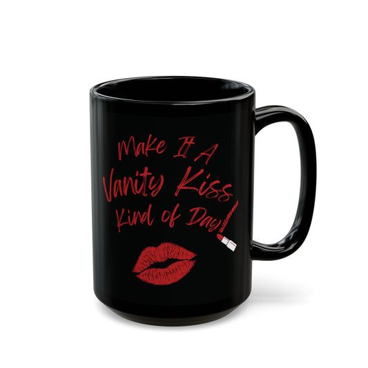 Vanity Kiss Black Ceramic Mug, Self-Love Gift, Fun Coffee Cup, Cute Kisses Design, Confidence Mug