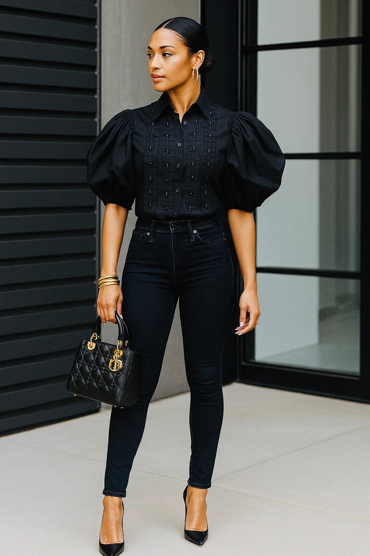 Black Design Puff Sleeve Top