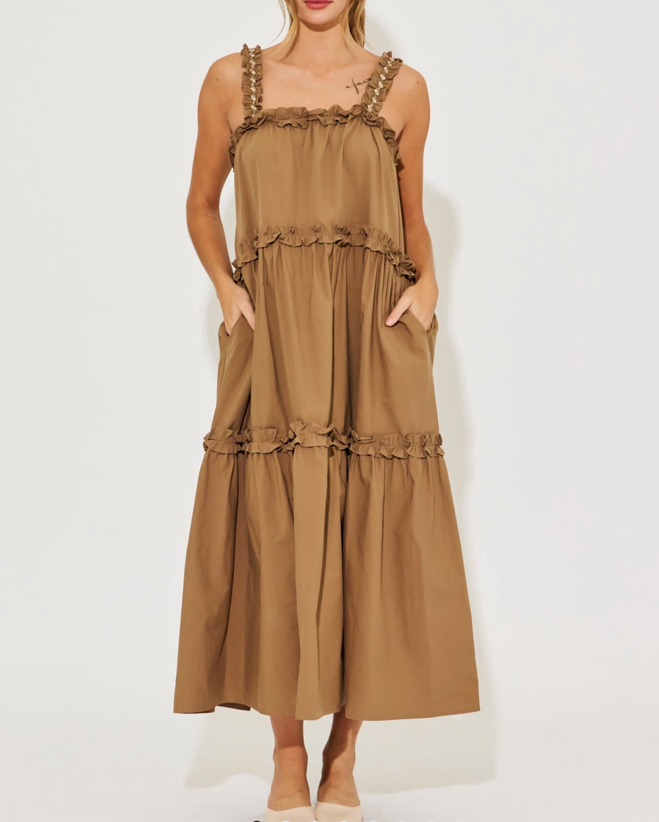 Ruffle Maxi Sundress With Rhinestones Detail