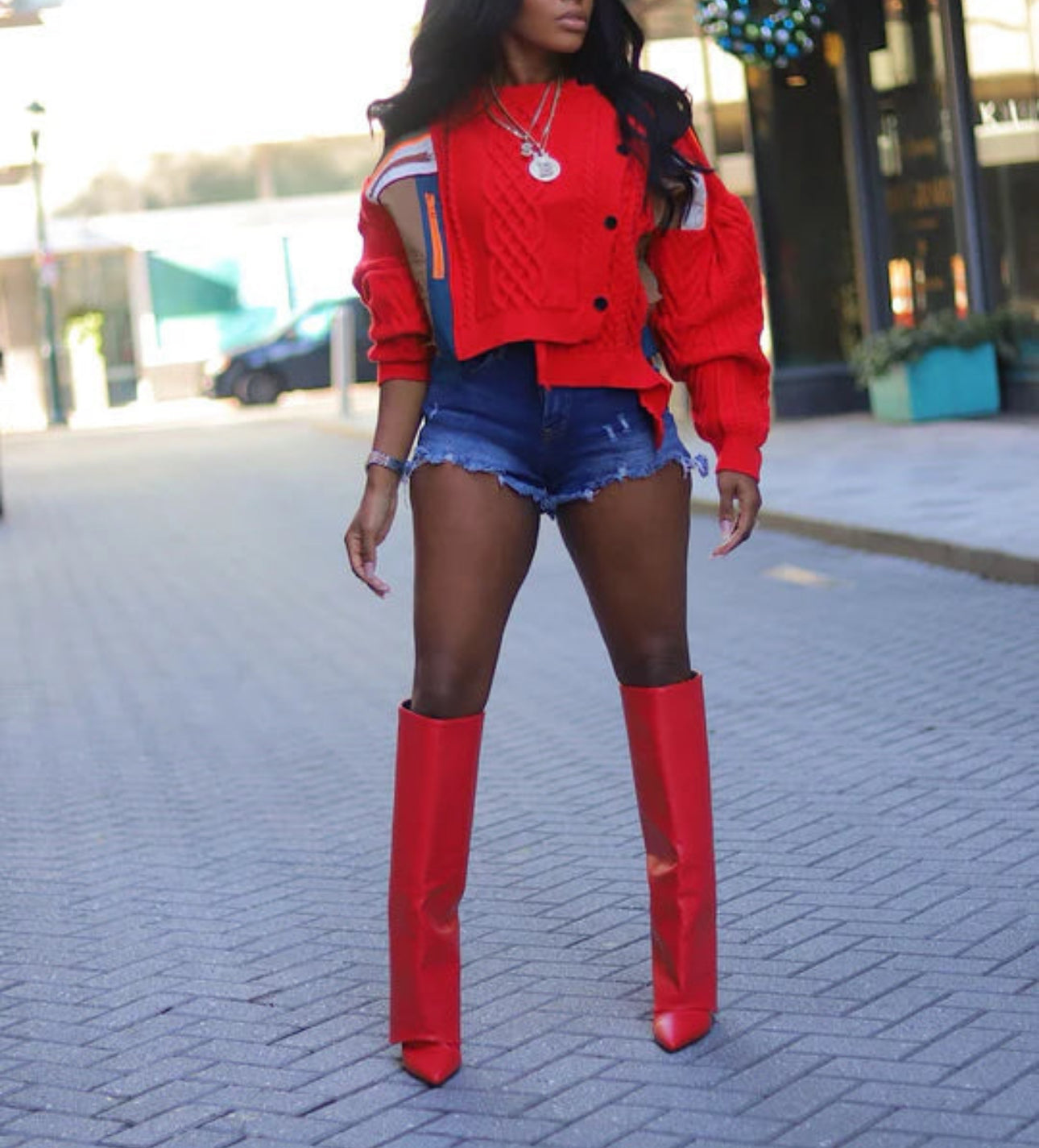 Red Zipper Patch Knit Sweater