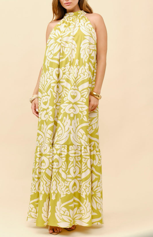 Boho Lime Green and White Maxi Dress
