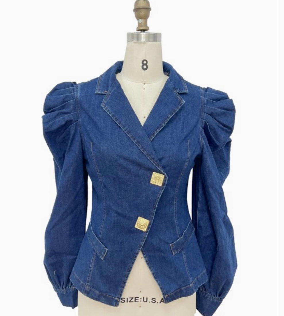 The Denim Drama Puff Sleeve Blazer~EST Ship~ August 20th