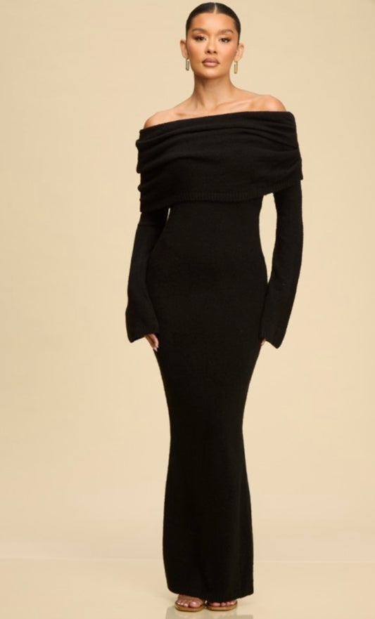 Black Off The Shoulder Wool Knit Dress