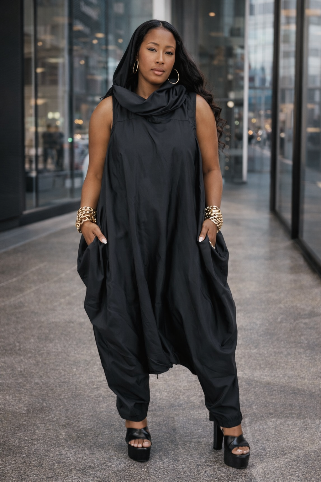 Black Showstopper Hooded Statement Jumpsuit