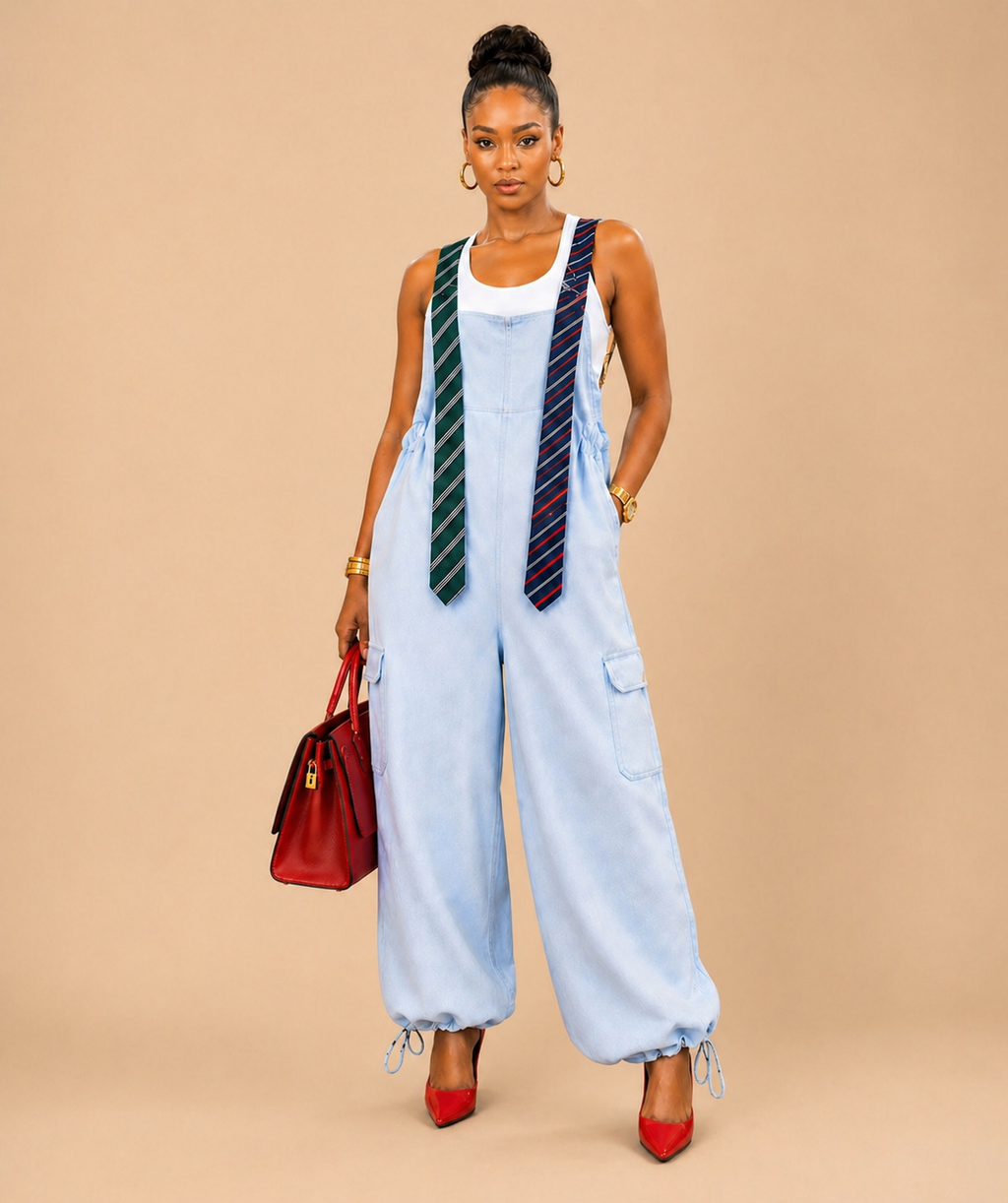 Boardroom Disruptor Tie Strap Jumpsuit - Light Blue Denim