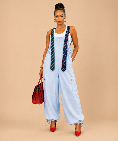 Boardroom Disruptor Tie Strap Jumpsuit - Light Blue Denim