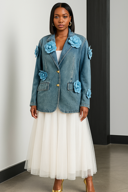 Blue Floral Corsage Single Breasted Denim Jacket