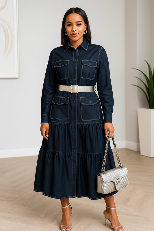 Dark Denim-Like Midi Dress with Belt