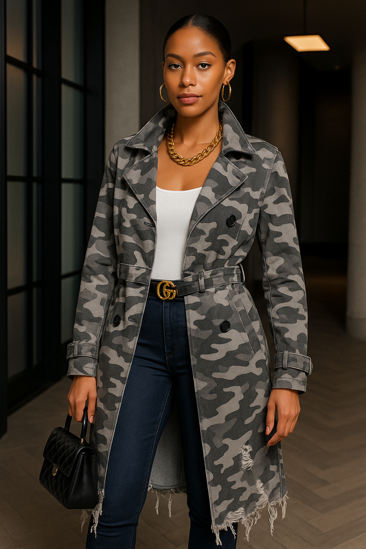 Gray Distressed Camo Trench Coat
