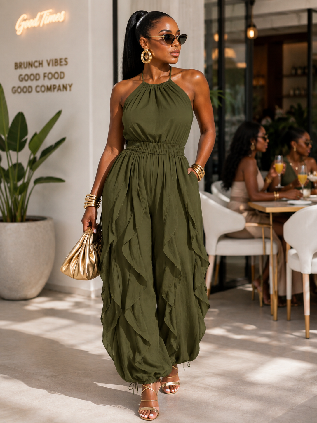 Fall in Line Ruffle Jogger Jumpsuit ~ Olive