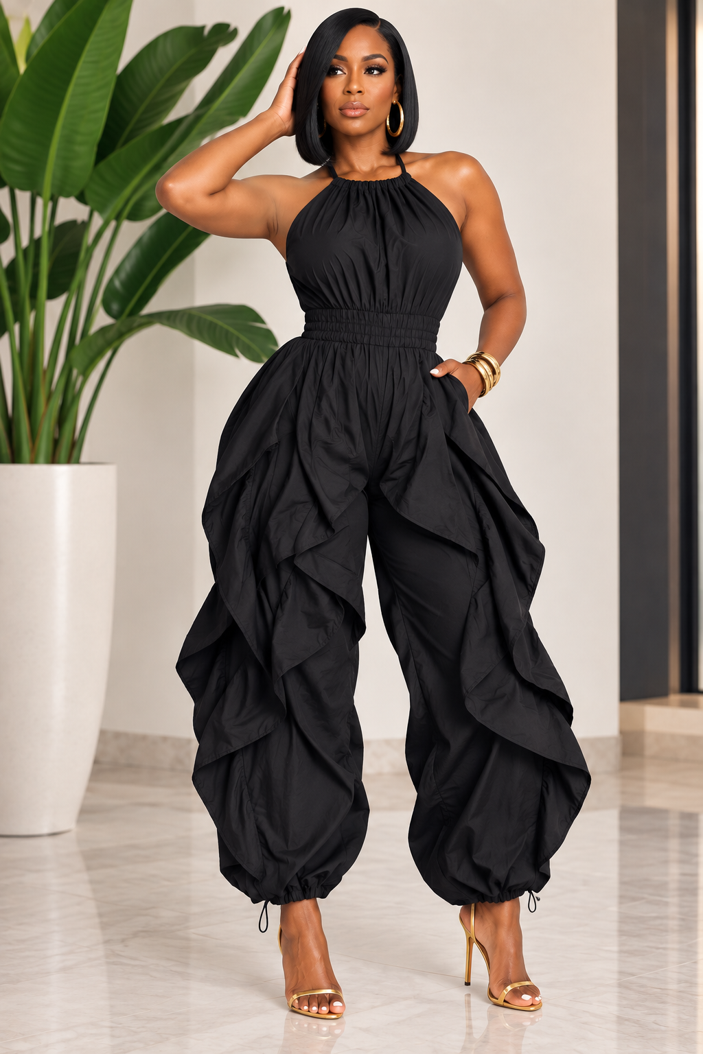 FALL IN LINE RUFFLE JOGGER JUMPSUIT ~ BLACK~Estimated ship date 9/14
