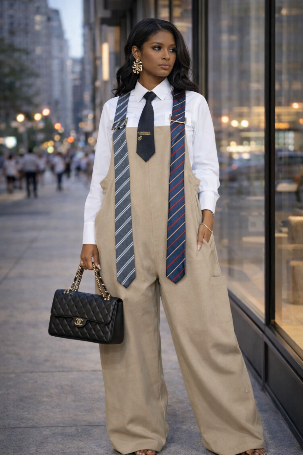 Woman wearing a beige outfit with suspenders and holding a black handbag in an urban setting.